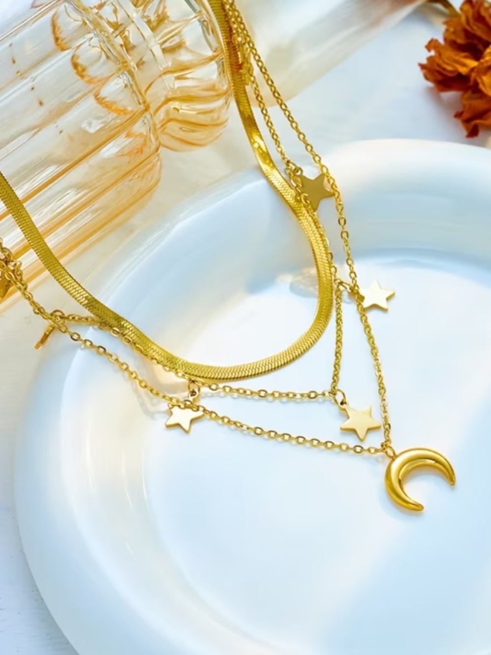 Stainless Steel Gold Star & Crescent Layered Necklace - Picture 3 of 3